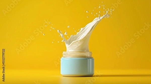 Fototapeta A burst of fresh, white liquid erupts from a pastel blue jar against a vibrant yellow backdrop, capturing a moment of pure refreshment