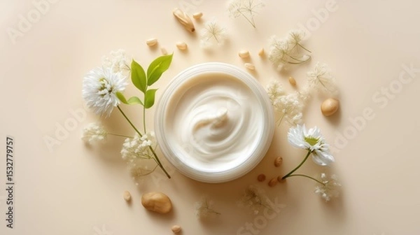 Fototapeta A jar of swirling white cream is artfully arranged with delicate flowers and natural elements, embodying the essence of natural beauty and gentle skincare