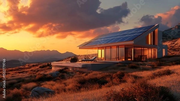 Obraz Modern solar panel home design architecture sustainable energy efficient house sunset mountain view landscape