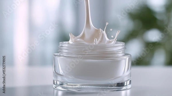 Fototapeta A luxurious white cream bursts from a clear jar in an elegant splash, suggesting purity and richness in a clean, bright setting
