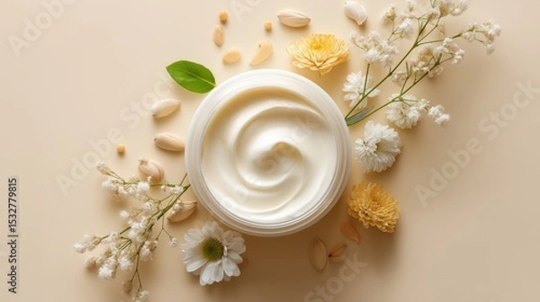 Fototapeta A jar of swirling white cream is artfully arranged with delicate flowers and natural elements, embodying the essence of natural beauty and gentle skincare