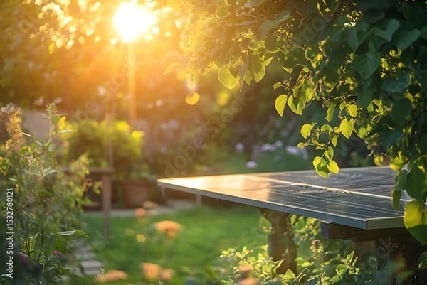 Obraz Solar panel installation in garden sunlight renewable energy clean power alternative energy system bright sun