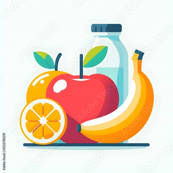 Fototapeta flat icon of healthy fruits like apple, banana and orange, minimalist, on white
