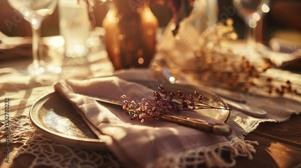 Obraz Bohemian Table Setting with Artisanal Ceramics and Vintage Silverware, Close-Up of Rustic Dining Decor with Dried Florals and Textured Linens, Ideal for Restaurant Menu or Wedding Invitation Design