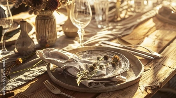 Obraz Bohemian Table Setting with Artisanal Ceramics and Vintage Silverware, Close-Up of Rustic Dining Decor with Dried Florals and Textured Linens, Ideal for Restaurant Menu or Wedding Invitation Design