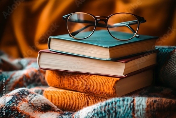 Obraz Stack of books with glasses reading literature education knowledge study learning library concept