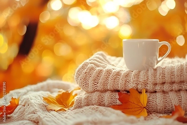 Obraz Autumn coffee cup on cozy sweater with fall leaves and blurred background for seasonal relaxation