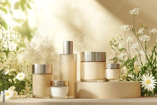 Obraz Premium skincare product photography for beauty cream and lotion with floral background and elegant presentation