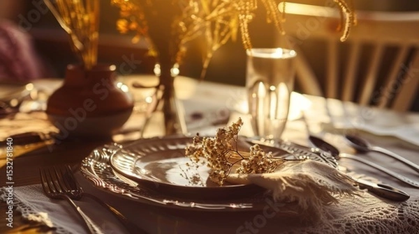 Obraz Bohemian Table Setting with Artisanal Ceramics and Vintage Silverware, Close-Up of Rustic Dining Decor with Dried Florals and Textured Linens, Ideal for Restaurant Menu or Wedding Invitation Design
