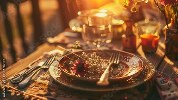 Obraz Bohemian Table Setting with Artisanal Ceramics and Vintage Silverware, Close-Up of Rustic Dining Decor with Dried Florals and Textured Linens, Ideal for Restaurant Menu or Wedding Invitation Design