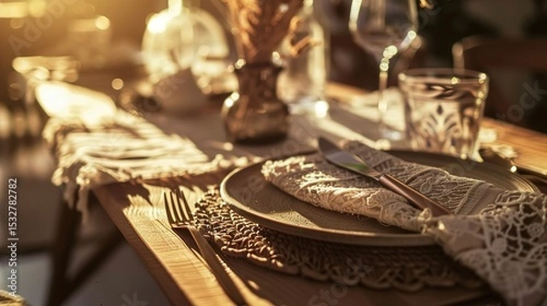 Obraz Bohemian Table Setting with Artisanal Ceramics and Vintage Silverware, Close-Up of Rustic Dining Decor with Dried Florals and Textured Linens, Ideal for Restaurant Menu or Wedding Invitation Design