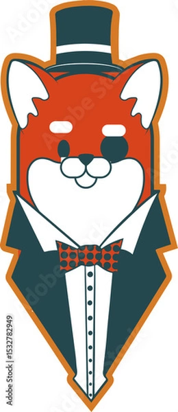 Fototapeta Flat design anthropomorphic fox is wearing dark suit with top hat, red bow tie, transparent canvas