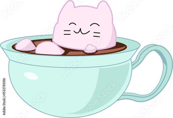 Fototapeta Pastel pink cat shape is floating in blue cup with brown drink, flat design, transparent background