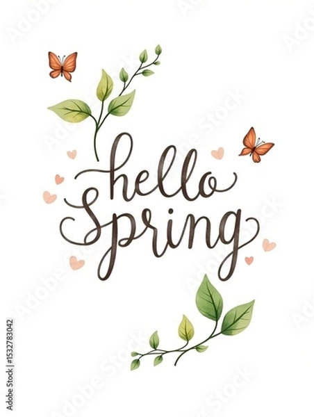 Obraz Hello Spring hand lettering composition with new leaves and butterflies