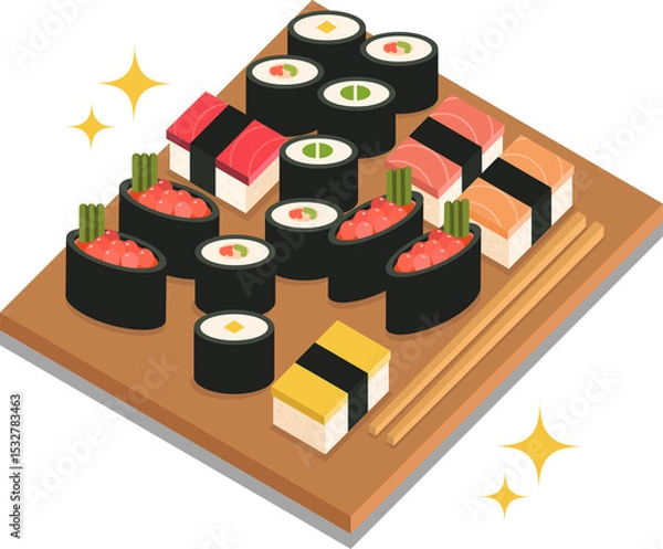 Fototapeta Wooden tray is floating on transparent background in flat with sushi pieces chopsticks and sparkle