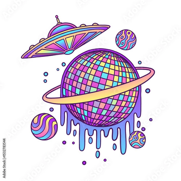 Fototapeta Pastel vector art is featuring melting disco planet with ring and UFO, transparent background