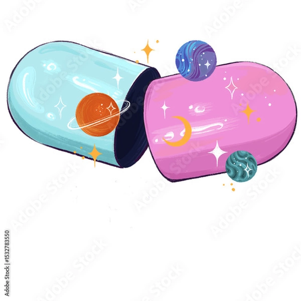Fototapeta Open pill capsule is revealing cosmos with planet rings, stars, transparent background, flat design