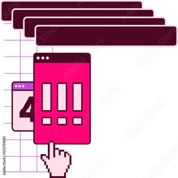 Obraz Showing windows on clear background burgundy bars purple grid pink blocks 4 pixel cursor clicking