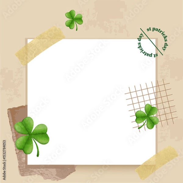 Obraz Flat frame template is featuring shamrock motifs, masking tape, torn paper on transparent backdrop