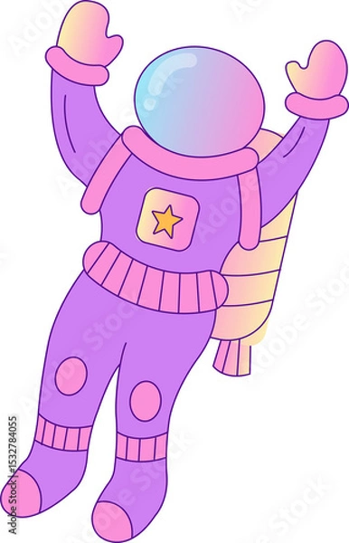 Obraz Cartoon astronaut is floating in flat purple spacesuit with gradient visor, transparent background
