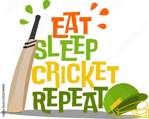 Fototapeta Showing EAT SLEEP CRICKET REPEAT design with bat, helmet, droplets, shadow on transparent backdrop