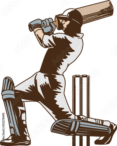 Fototapeta Two-tone flat design cricket batsman is swinging bat across wicket stumps, transparent background