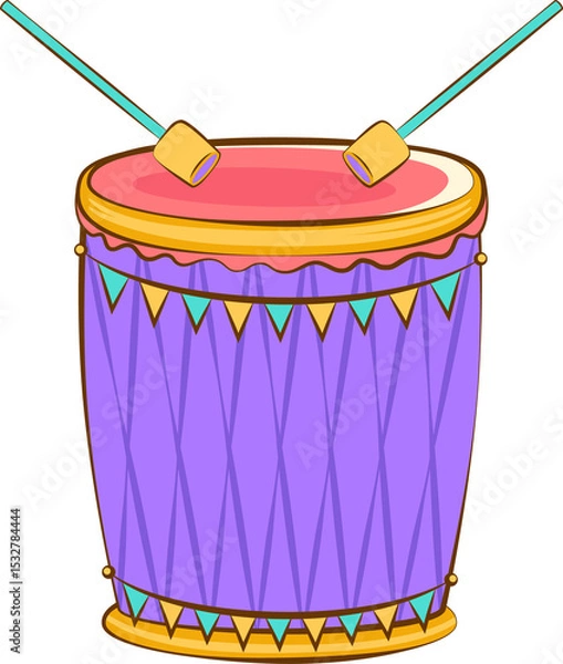 Fototapeta Vector is showing purple drum with pennants and turquoise mallets on transparent background