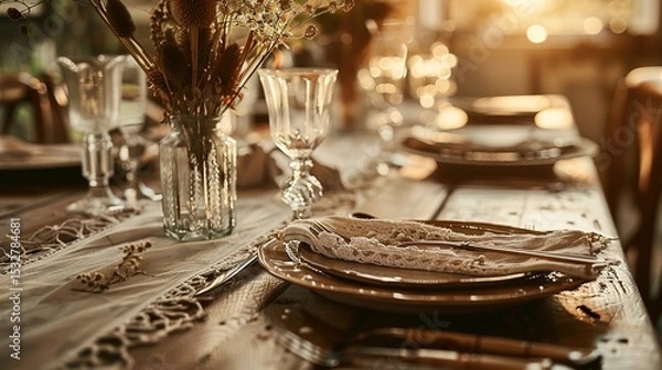 Obraz Bohemian Table Setting with Artisanal Ceramics and Vintage Silverware, Close-Up of Rustic Dining Decor with Dried Florals and Textured Linens, Ideal for Restaurant Menu or Wedding Invitation Design