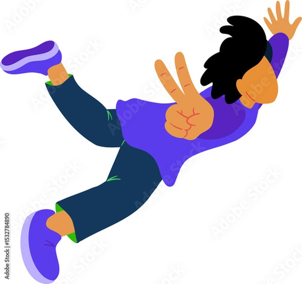 Obraz Flat illustration is showing cartoon figure floating on transparent background, making peace sign