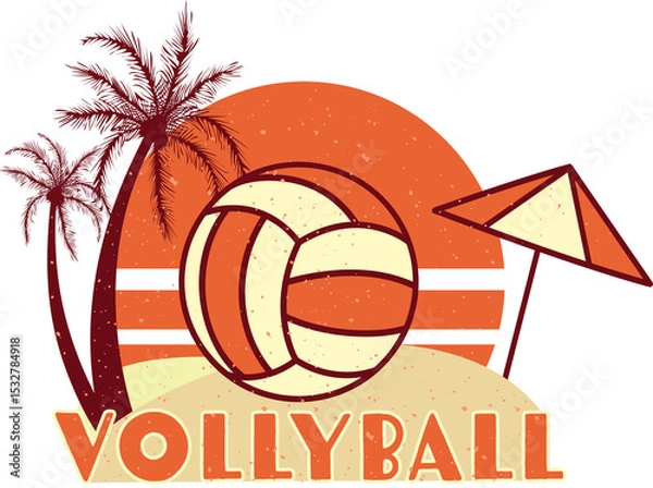 Fototapeta Retro design is showing volleyball on sand with striped sun and umbrella on transparent background