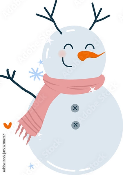 Obraz Cartoon snowman is wearing pink scarf and carrot nose in flat vector on transparent background