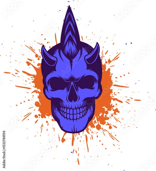 Obraz Cobalt blue demon skull is glowing in vector with horns and orange splatter on transparent backdrop