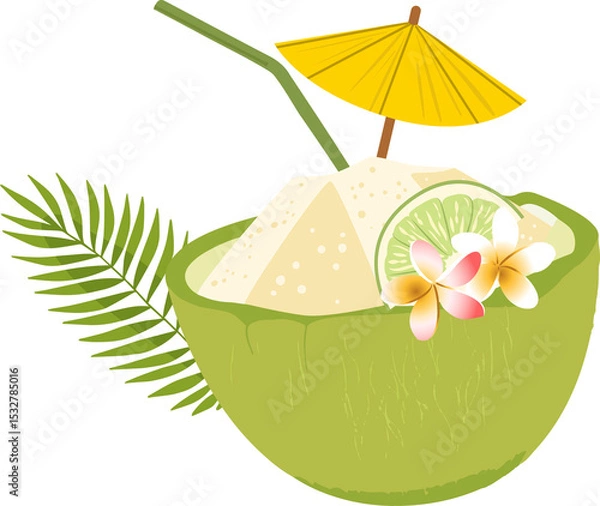 Fototapeta Flat coconut drink showing ice with umbrella straw lime plumeria and palm frond on clear background