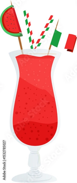 Fototapeta Showing red slushy in glass with straws, watermelon flag, flat, transparent background, copy space