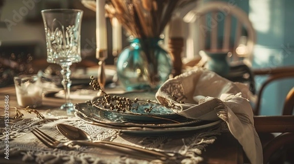 Obraz Bohemian Table Setting with Artisanal Ceramics and Vintage Silverware, Close-Up of Rustic Dining Decor with Dried Florals and Textured Linens, Ideal for Restaurant Menu or Wedding Invitation Design