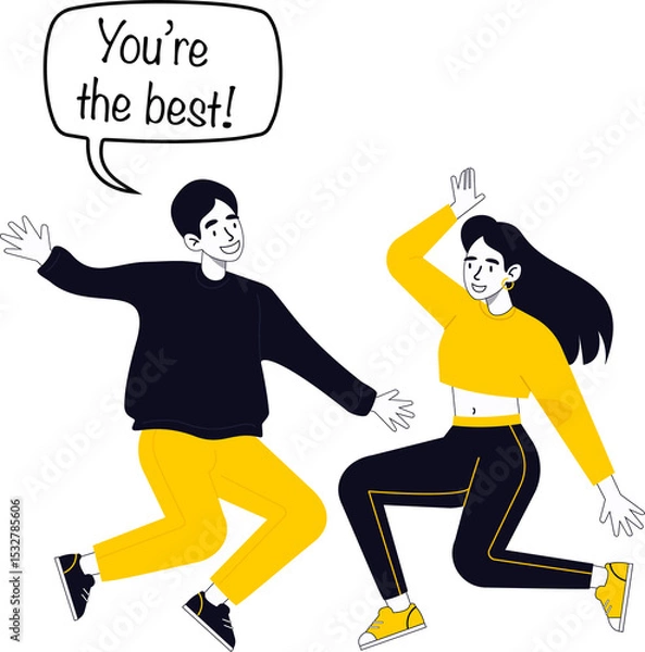 Fototapeta Cartoon friends are jumping in flat vector, speech bubble on transparent background, copy space