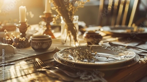 Obraz Bohemian Table Setting with Artisanal Ceramics and Vintage Silverware, Close-Up of Rustic Dining Decor with Dried Florals and Textured Linens, Ideal for Restaurant Menu or Wedding Invitation Design