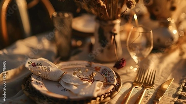 Obraz Bohemian Table Setting with Artisanal Ceramics and Vintage Silverware, Close-Up of Rustic Dining Decor with Dried Florals and Textured Linens, Ideal for Restaurant Menu or Wedding Invitation Design