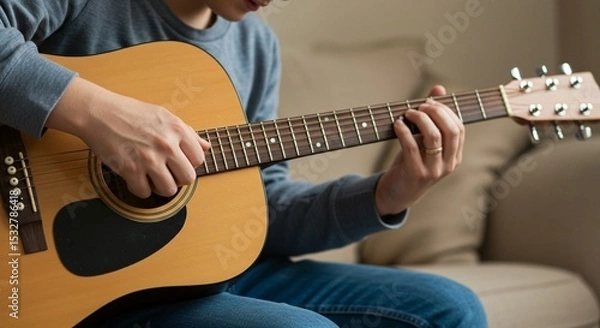 Fototapeta Close-up of person playing acoustic guitar, strumming strings while seated in a casual setting, possibly at home.