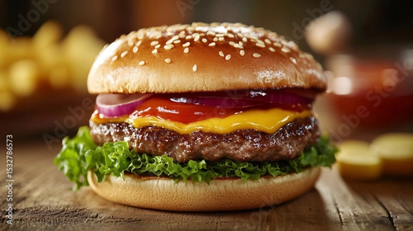 Obraz Perfect burger with melted cheese and ketchup in sesame bun