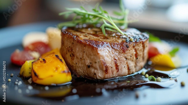 Obraz Perfectly cooked steak served on a black plate surrounded by roasted vegetables.
