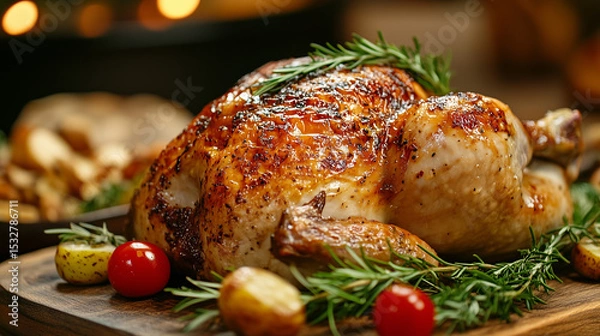 Obraz Whole roasted chicken with rosemary, served on a wooden board alongside golden roasted potatoes and cherry tomatoes - rustic and hearty meal.
