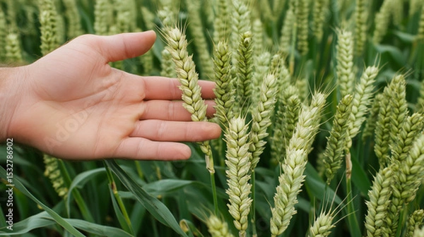 Obraz Close up of a farmer’s hand brushing tall green wheat ear in a field - harmony with nature and the growth process.