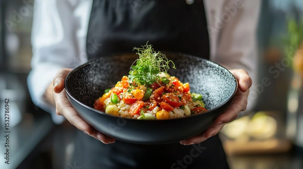Obraz Close up on a waiter's hands holding black bowl with groats, vegetables and herbs.