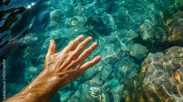 Obraz Hand touches clear turquoise water, reflecting sunlight in a water surface.