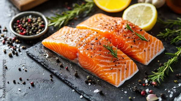 Obraz Two pieces of salmon with rosemary and pepper on black stone board with herbs and lemon slices.