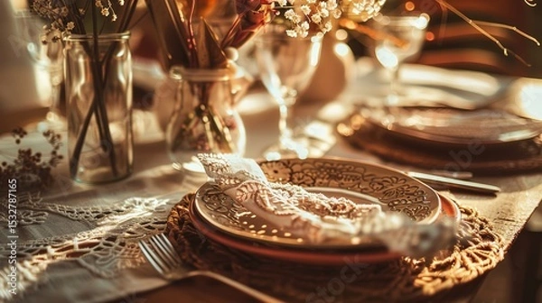 Obraz Bohemian Table Setting with Artisanal Ceramics and Vintage Silverware, Close-Up of Rustic Dining Decor with Dried Florals and Textured Linens, Ideal for Restaurant Menu or Wedding Invitation Design
