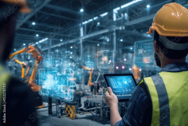 Fototapeta Worker in safety gear uses tablet to monitor robotic arms and digital displays in a state-of-the-art manufacturing plant during the day