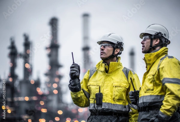 Fototapeta Two engineers in yellow safety jackets engage in conversation while monitoring operations at an industrial facility under cloudy skies