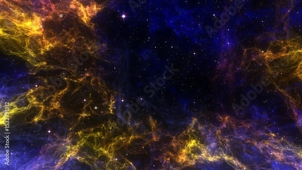 Fototapeta A nebula with yellow and blue clouds and scattered stars in a dark background